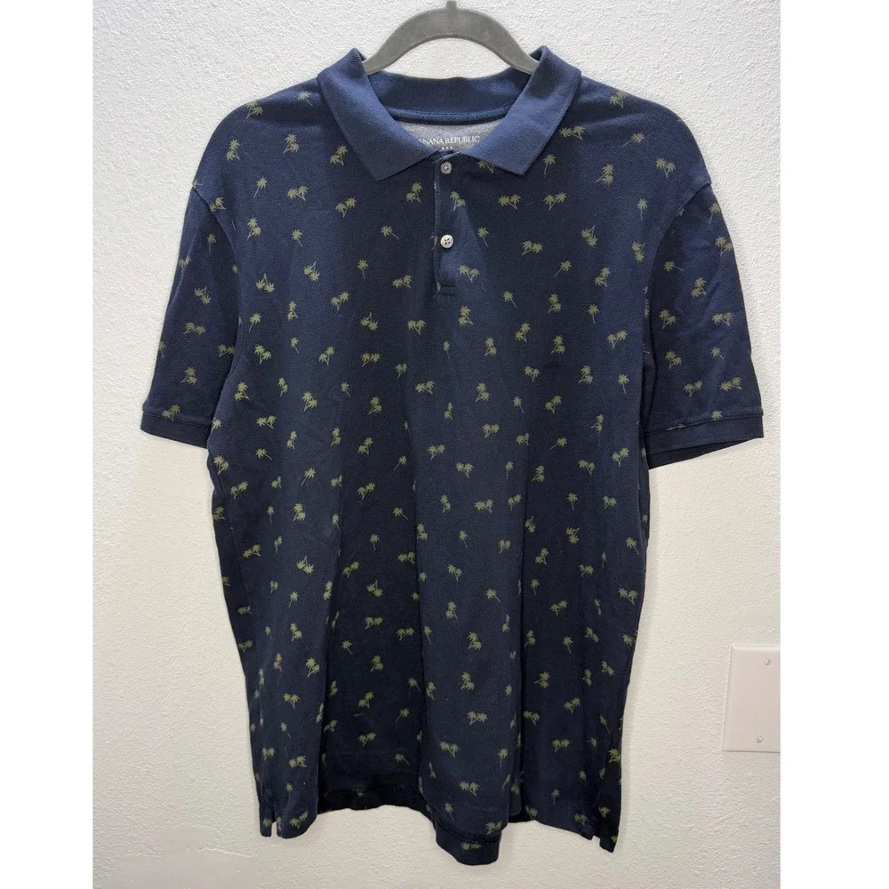 Banana Republic Pique Polo Mens Large Navy Palm Tree Print Short Sleeve Organic